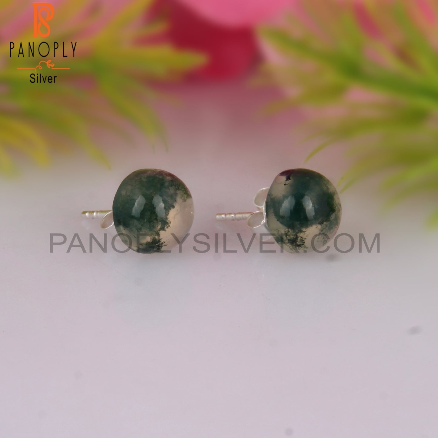 Moss Agate Round Shape 925 Sterling Silver Earrings