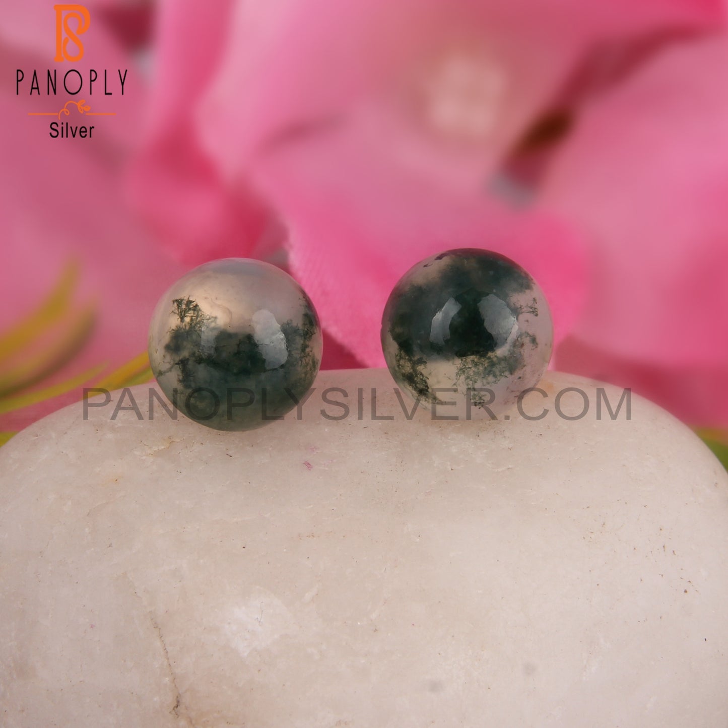 Moss Agate Round Shape 925 Sterling Silver Earrings