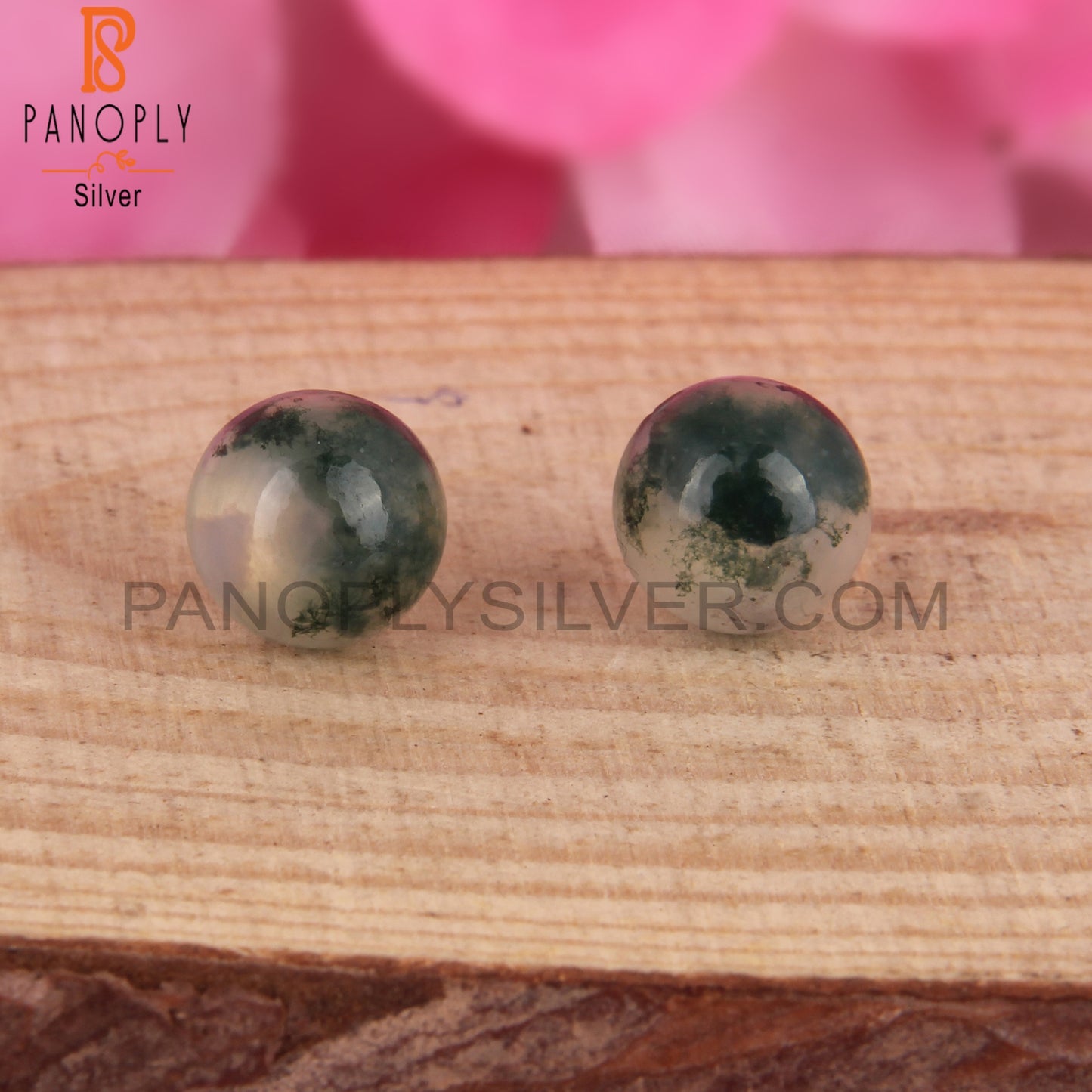 Moss Agate Round Shape 925 Sterling Silver Earrings