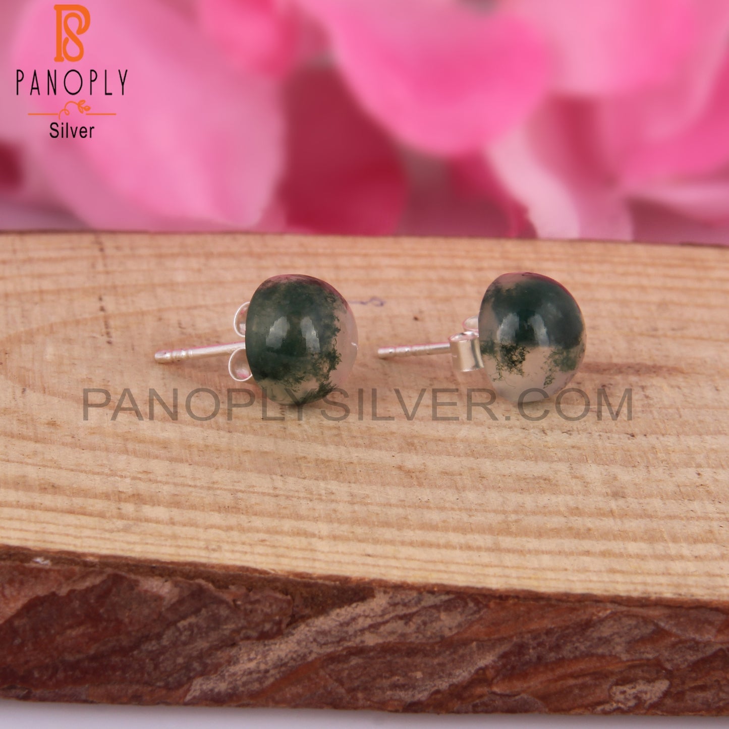 Moss Agate Round Shape 925 Sterling Silver Earrings