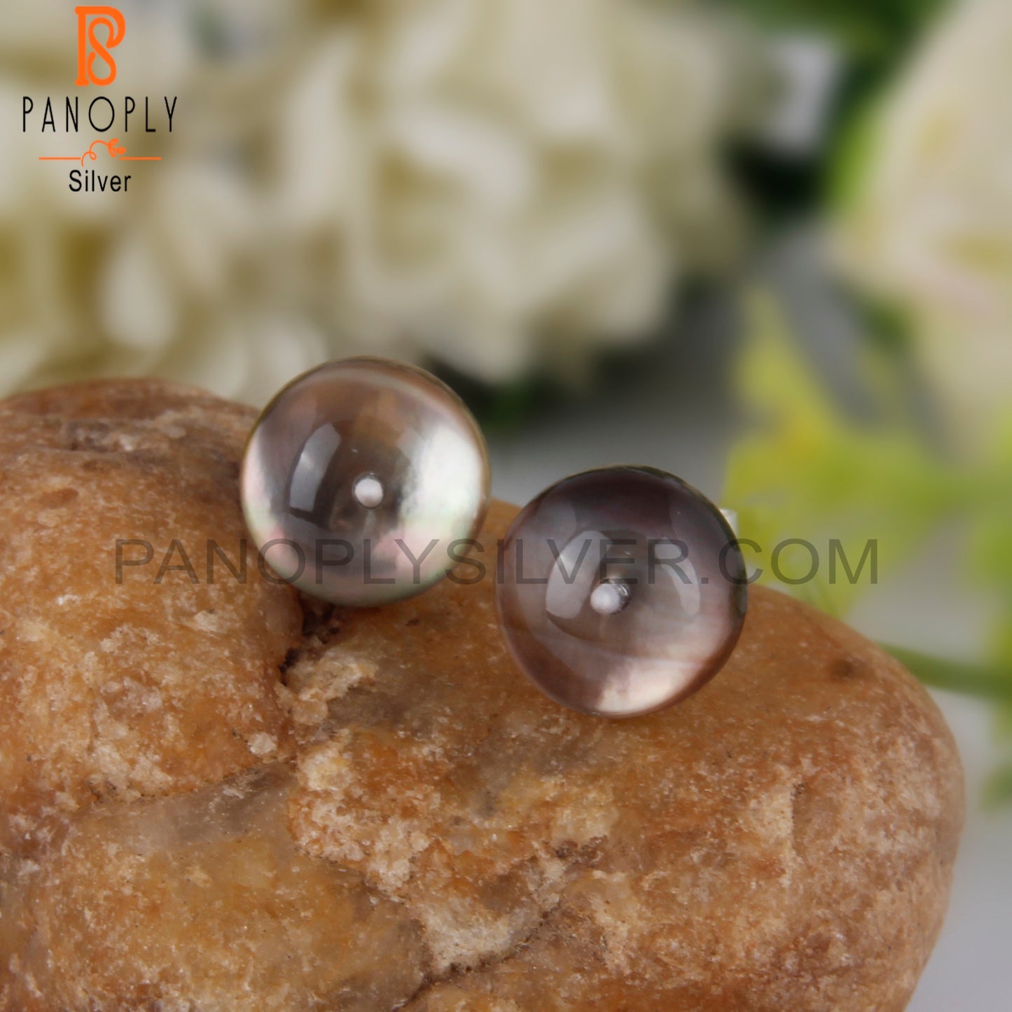 Doublet Gray Mop Crystal Round 925 Silver Earrings Studs