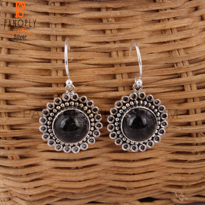 Black Rutile Round Stone 925 Sterling Silver Earrings