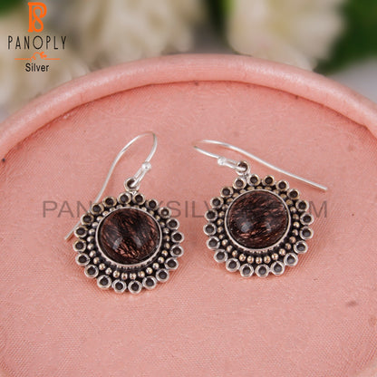 Black Rutile Round Stone 925 Sterling Silver Earrings
