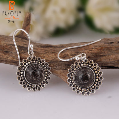 Black Rutile Round Stone 925 Sterling Silver Earrings