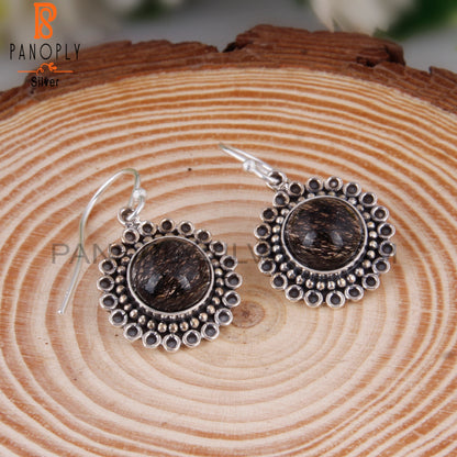Black Rutile Round Stone 925 Sterling Silver Earrings