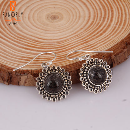 Black Rutile Round Stone 925 Sterling Silver Earrings