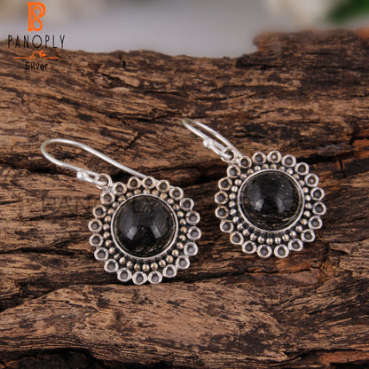 Black Rutile Round Stone 925 Sterling Silver Earrings
