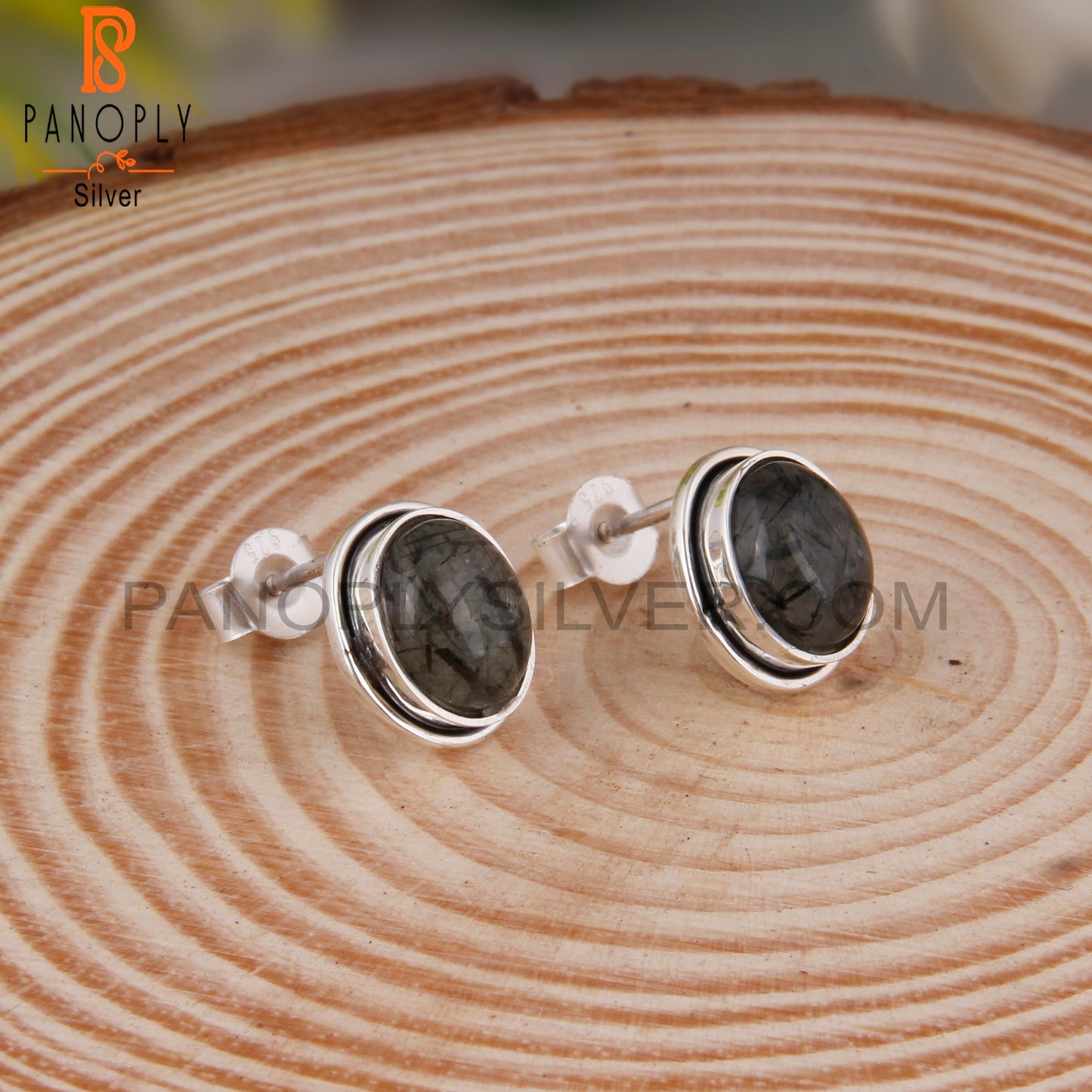 Hypoallergenic Black Rutile Oval 925 Silver Earrings