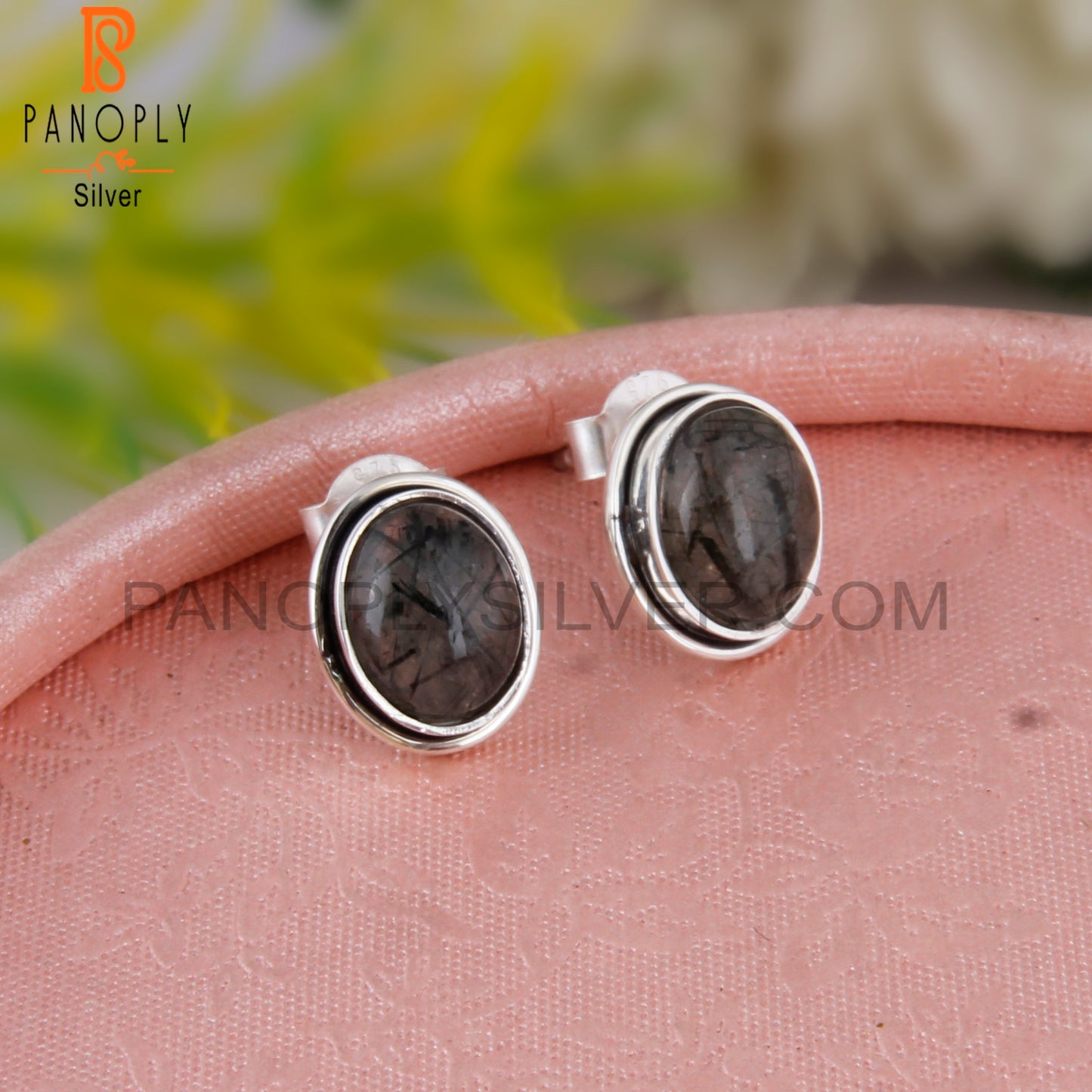 Hypoallergenic Black Rutile Oval 925 Silver Earrings