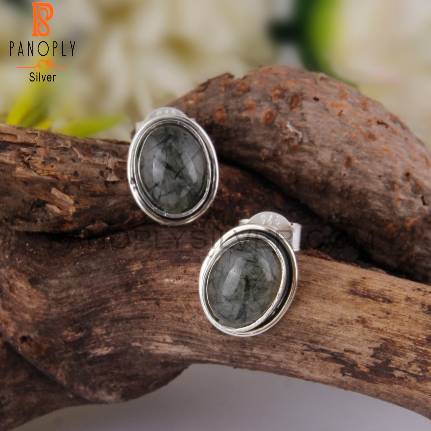 Hypoallergenic Black Rutile Oval 925 Silver Earrings