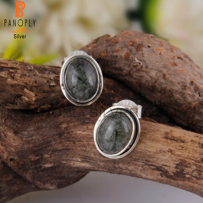 Hypoallergenic Black Rutile Oval 925 Silver Earrings