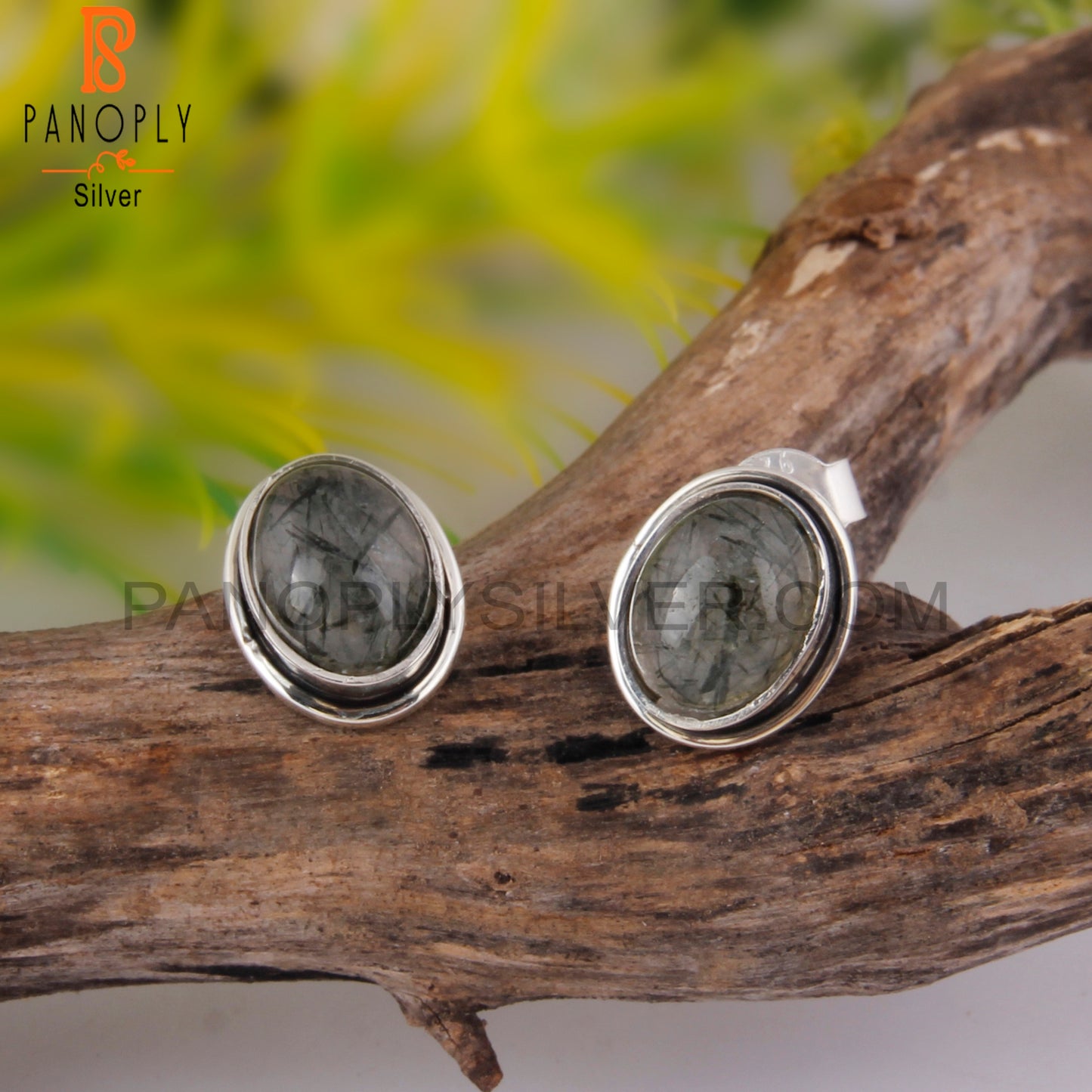 Hypoallergenic Black Rutile Oval 925 Silver Earrings