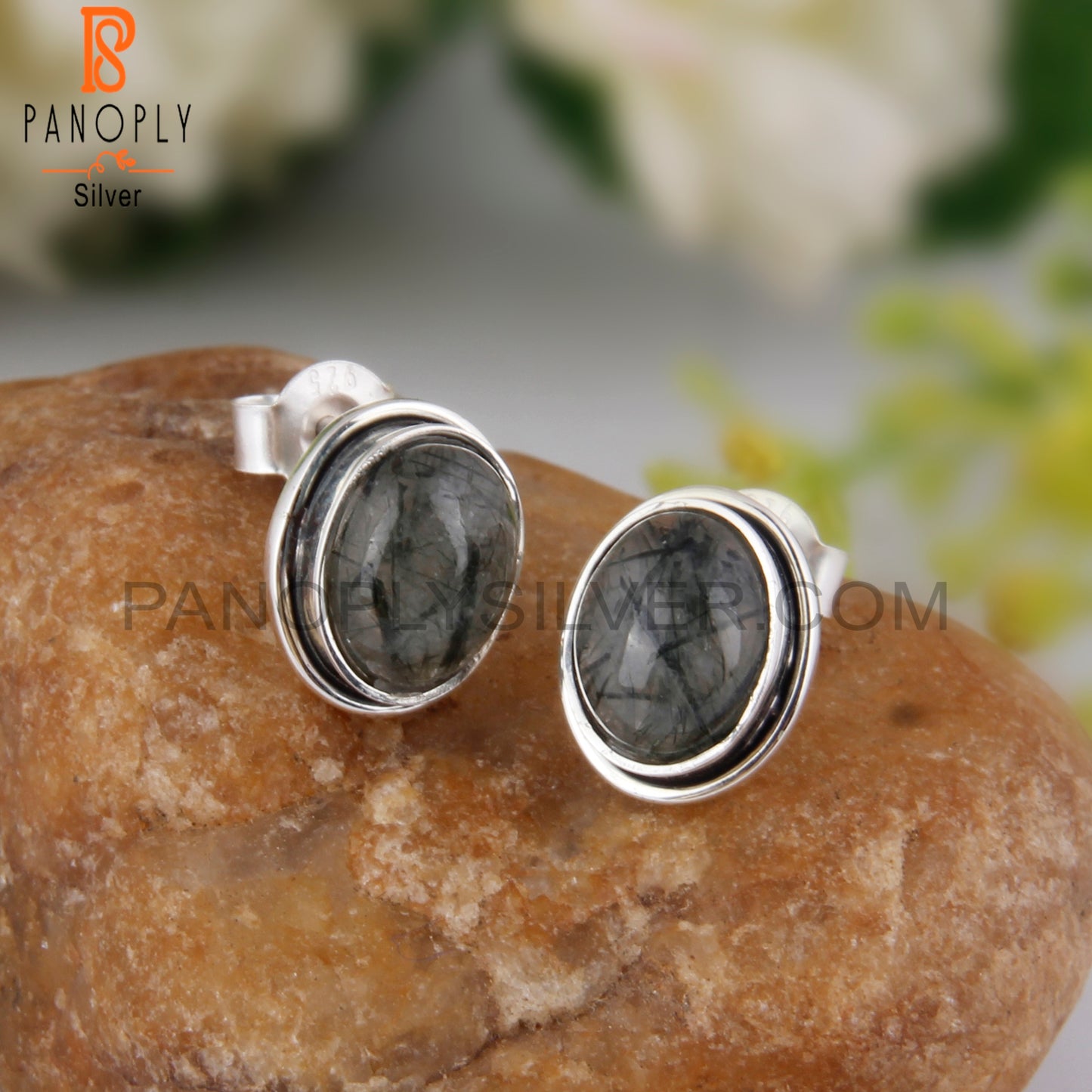 Hypoallergenic Black Rutile Oval 925 Silver Earrings