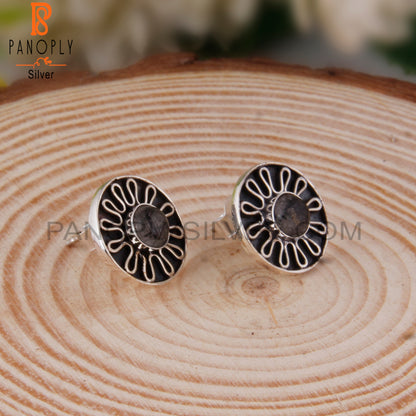 Dainty Black Rutile Round 925 Silver Earrings