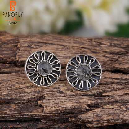 Dainty Black Rutile Round 925 Silver Earrings