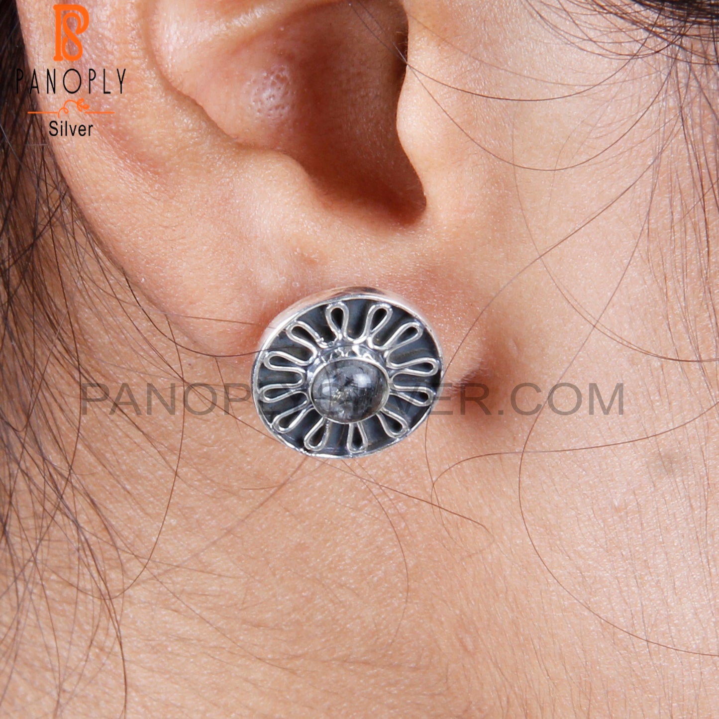 Dainty Black Rutile Round 925 Silver Earrings
