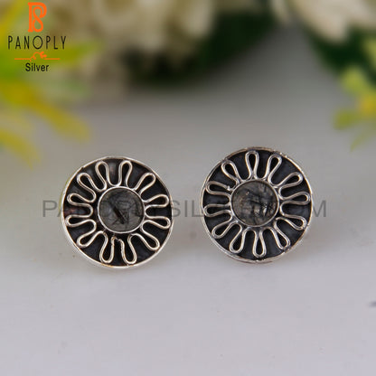 Dainty Black Rutile Round 925 Silver Earrings