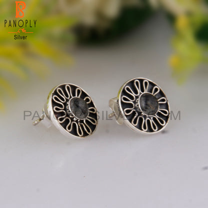 Dainty Black Rutile Round 925 Silver Earrings