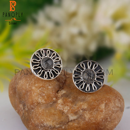 Dainty Black Rutile Round 925 Silver Earrings