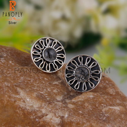Dainty Black Rutile Round 925 Silver Earrings