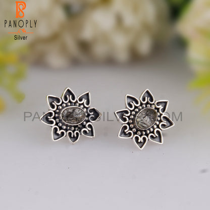 Black Rutile Oval Shape 925 Sterling Silver Studs Earrings