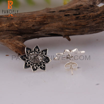 Black Rutile Oval Shape 925 Sterling Silver Studs Earrings