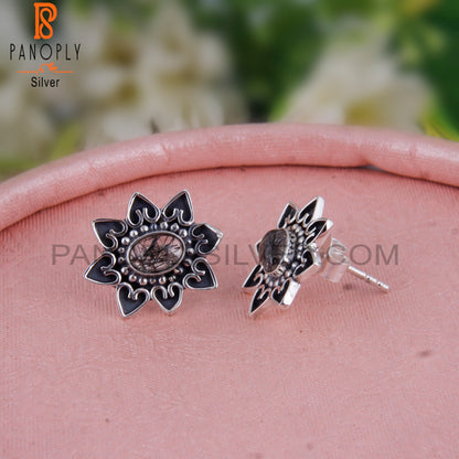 Black Rutile Oval Shape 925 Sterling Silver Studs Earrings