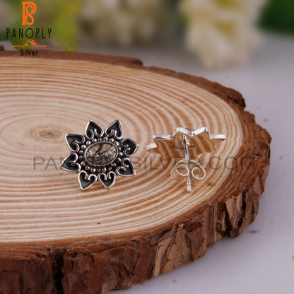 Black Rutile Oval Shape 925 Sterling Silver Studs Earrings