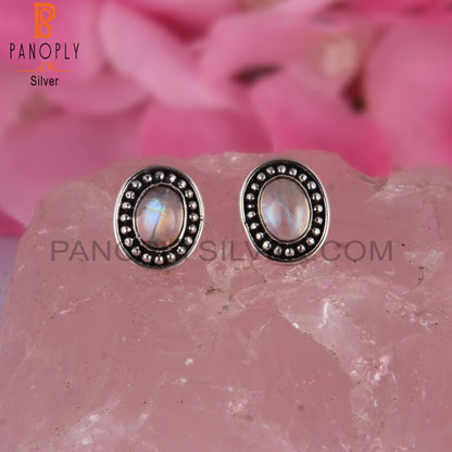 Rainbow Moonstone Oval 925 Sterling Silver Party Wear Earrings