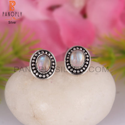 Rainbow Moonstone Oval 925 Sterling Silver Party Wear Earrings
