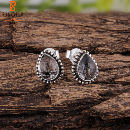 Black Rutile Pear Shape 925 Sterling Silver Studs Earrings