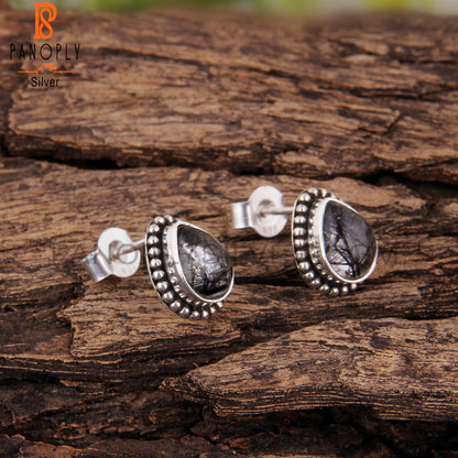 Black Rutile Pear Shape 925 Sterling Silver Studs Earrings
