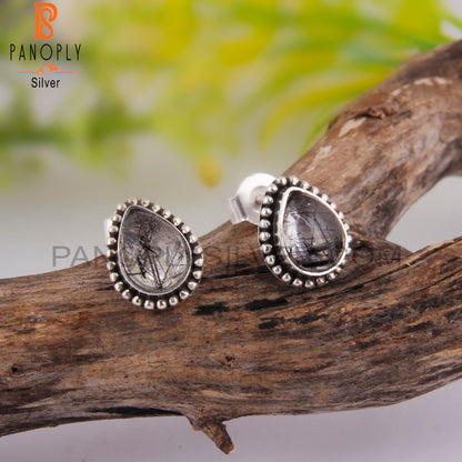 Black Rutile Pear Shape 925 Sterling Silver Studs Earrings