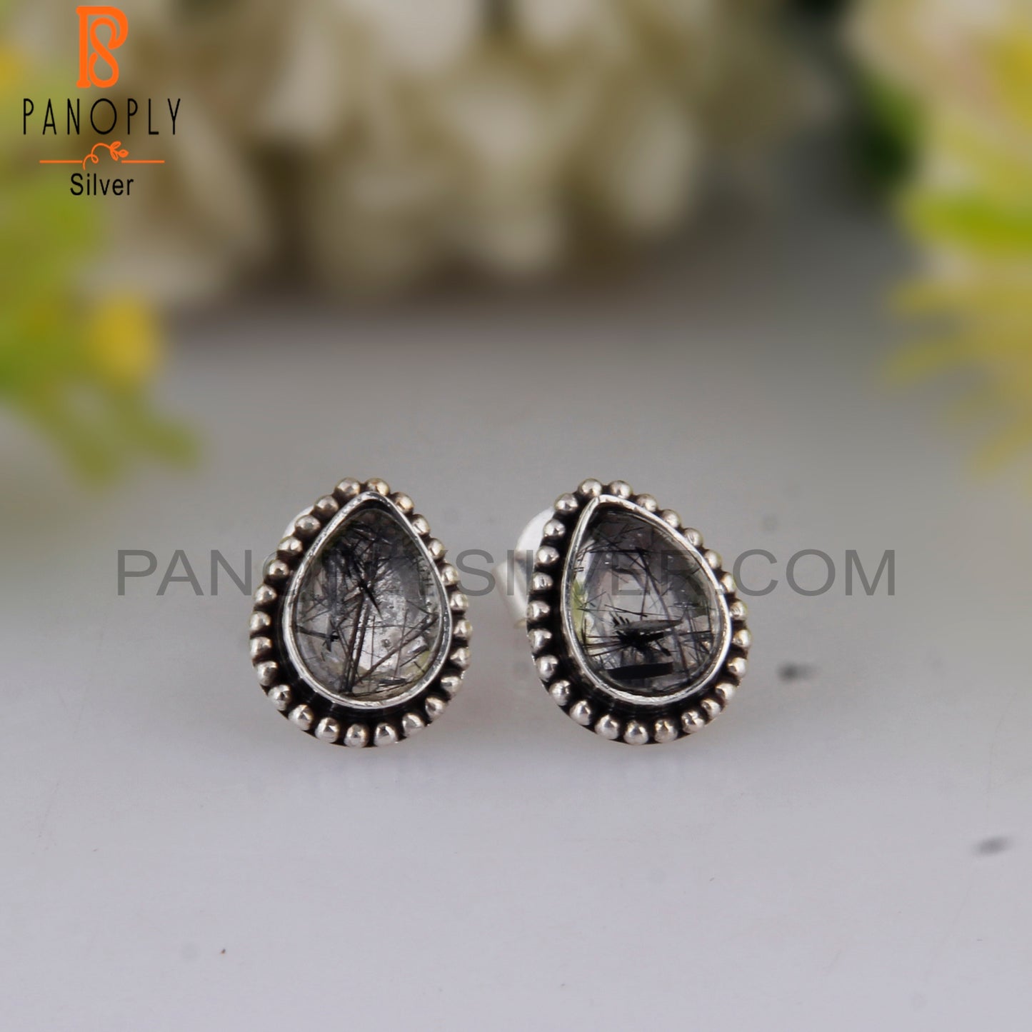 Black Rutile Pear Shape 925 Sterling Silver Studs Earrings