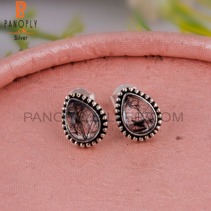 Black Rutile Pear Shape 925 Sterling Silver Studs Earrings