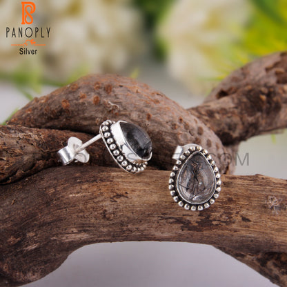 Black Rutile Pear Shape 925 Sterling Silver Studs Earrings