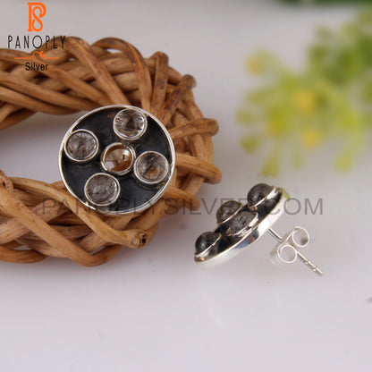 Stylish Designer Black Rutile Round Sterling Silver Earrings