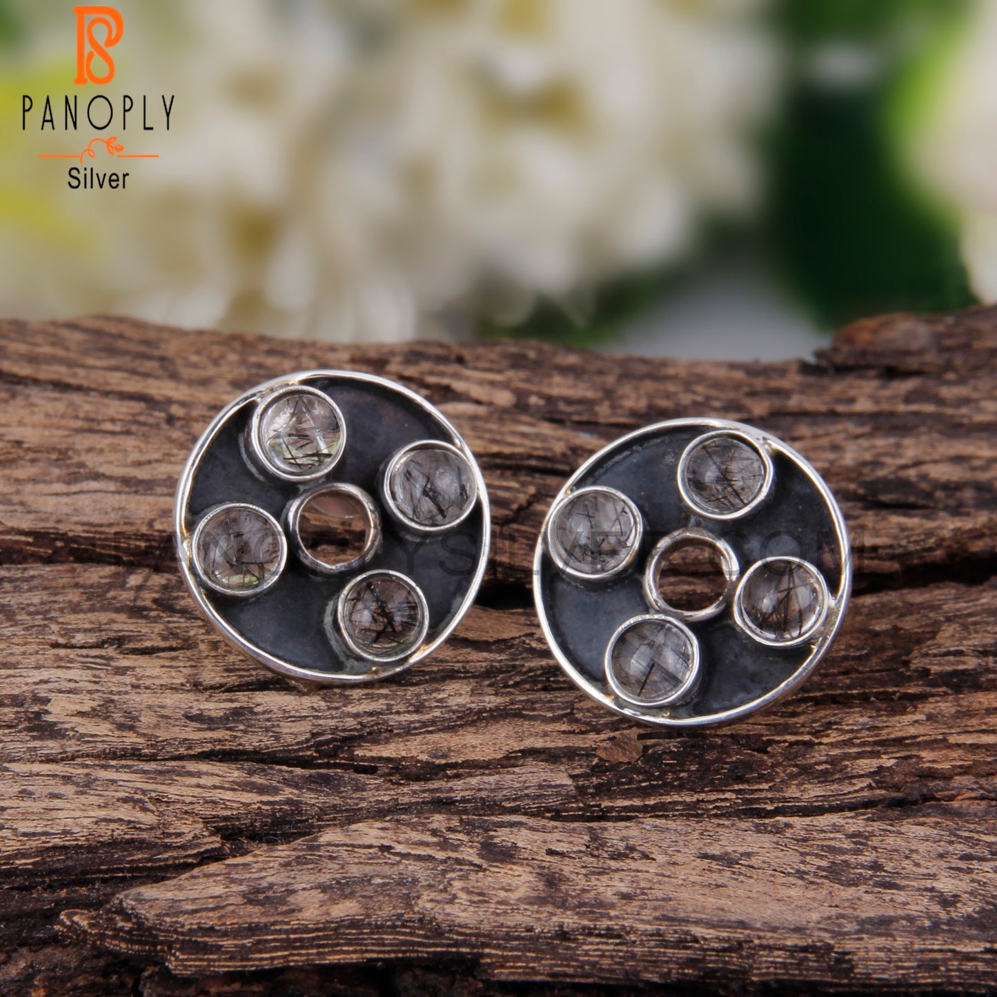 Stylish Designer Black Rutile Round Sterling Silver Earrings