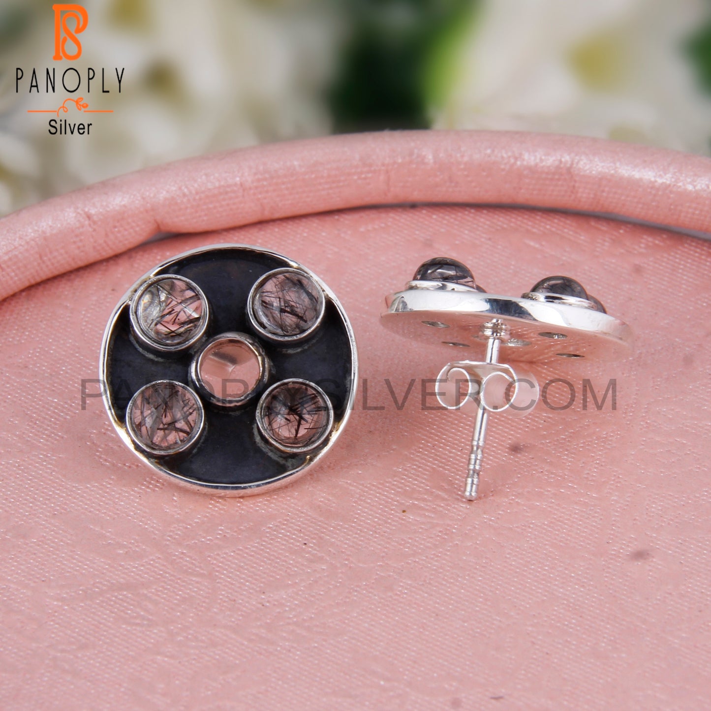 Stylish Designer Black Rutile Round Sterling Silver Earrings