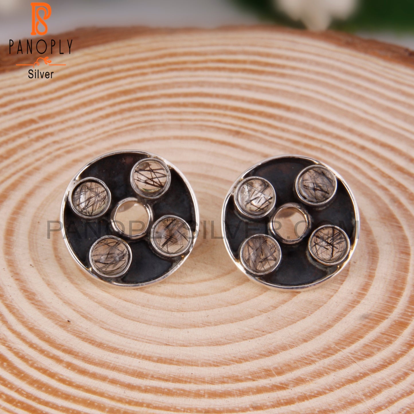 Stylish Designer Black Rutile Round Sterling Silver Earrings