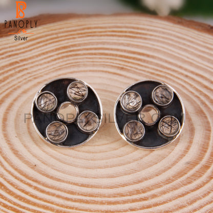 Stylish Designer Black Rutile Round Sterling Silver Earrings