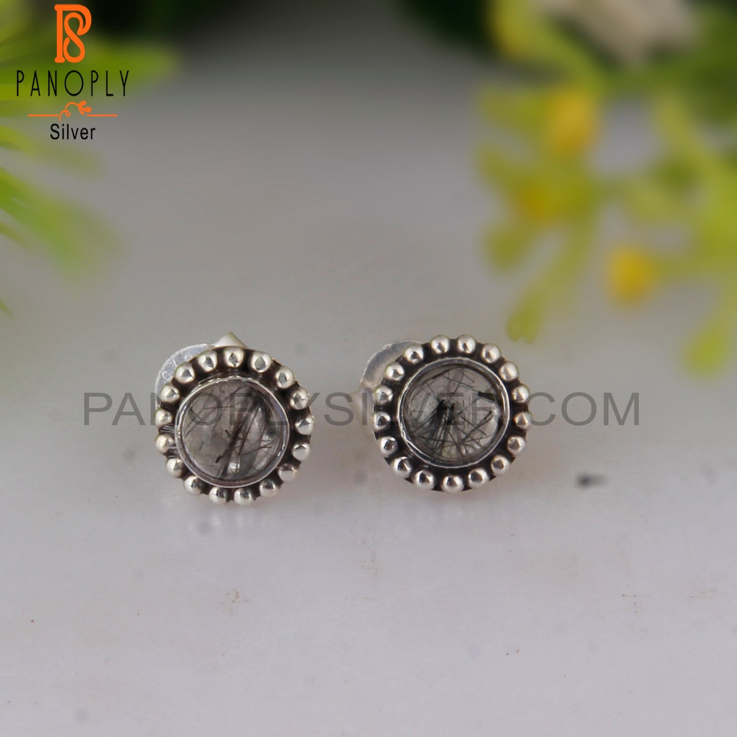 Black Rutile Round Sterling Silver Studs Engagement Earrings