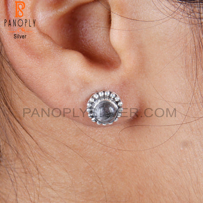 Black Rutile Round Sterling Silver Studs Engagement Earrings