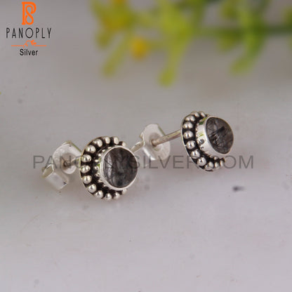 Black Rutile Round Sterling Silver Studs Engagement Earrings