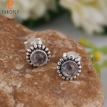 Black Rutile Round Sterling Silver Studs Engagement Earrings