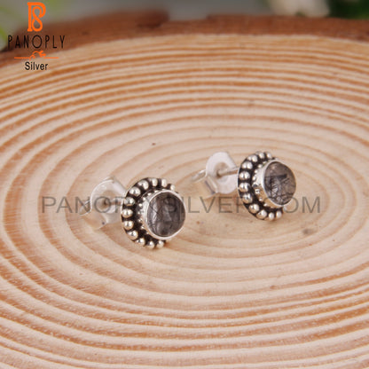 Black Rutile Round Sterling Silver Studs Engagement Earrings