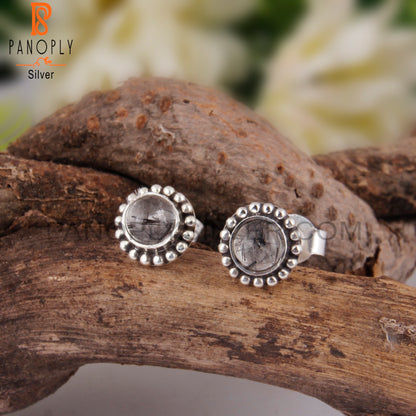 Black Rutile Round Sterling Silver Studs Engagement Earrings