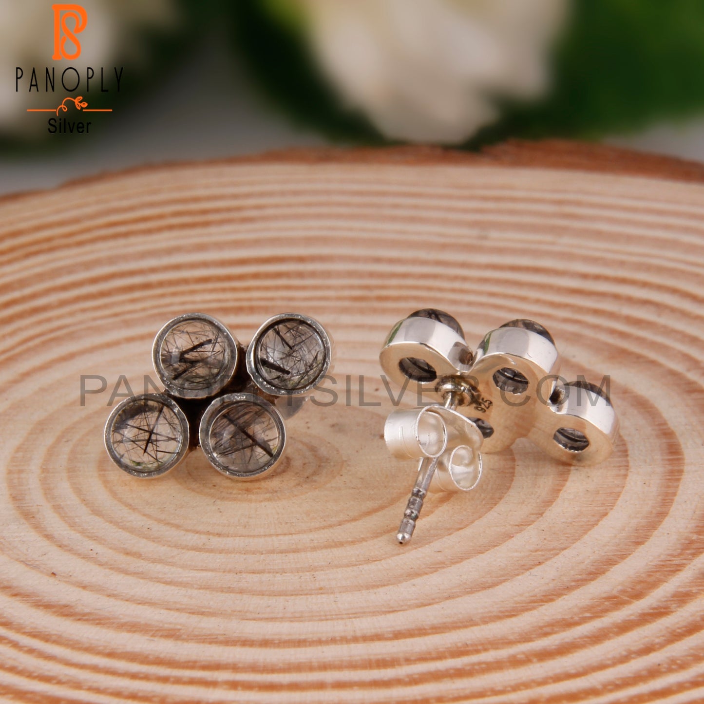 Black Rutile Round Shape 925 Sterling Silver Earrings Studs