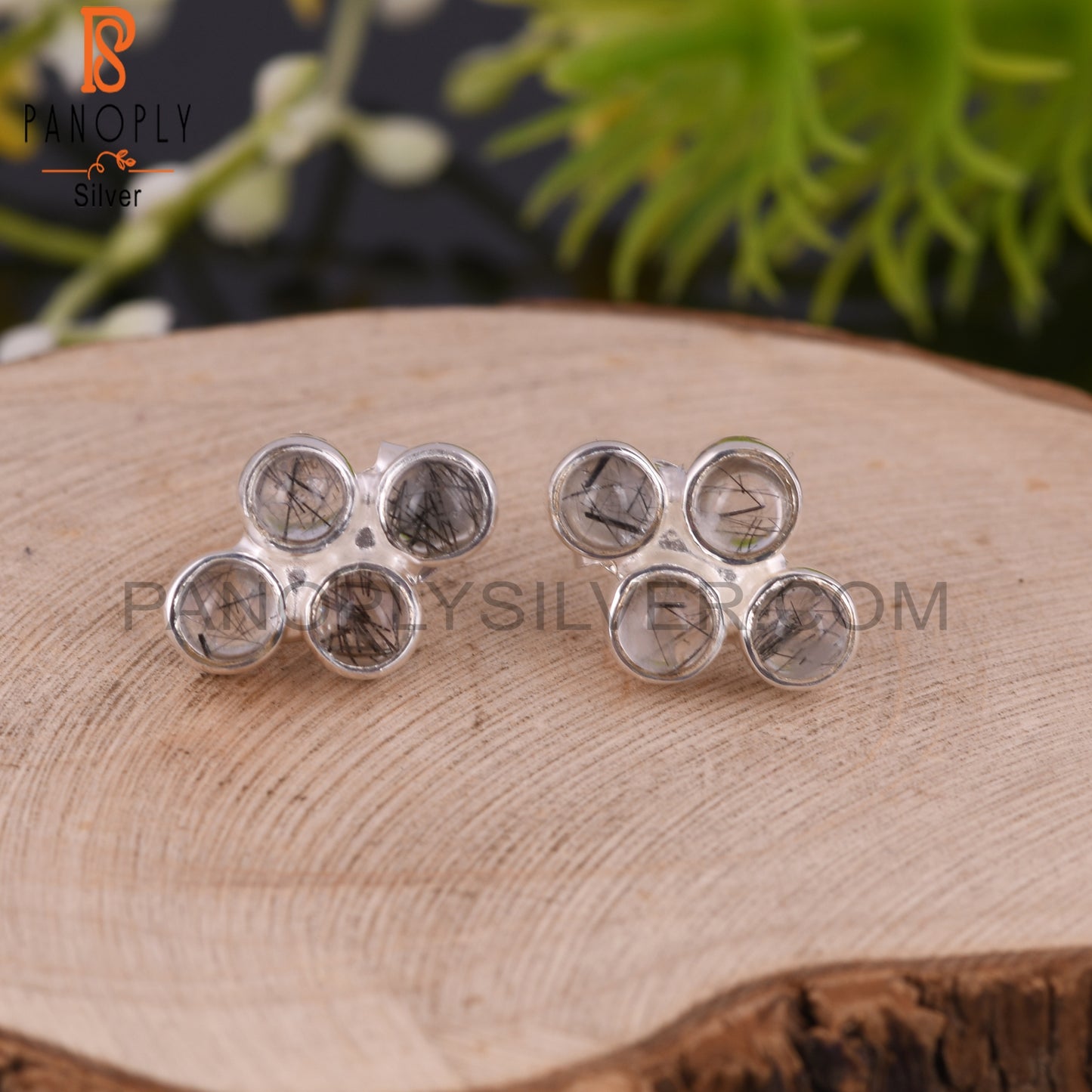 Dainty Black Rutile Round Shape 925 Sterling Silver Earrings