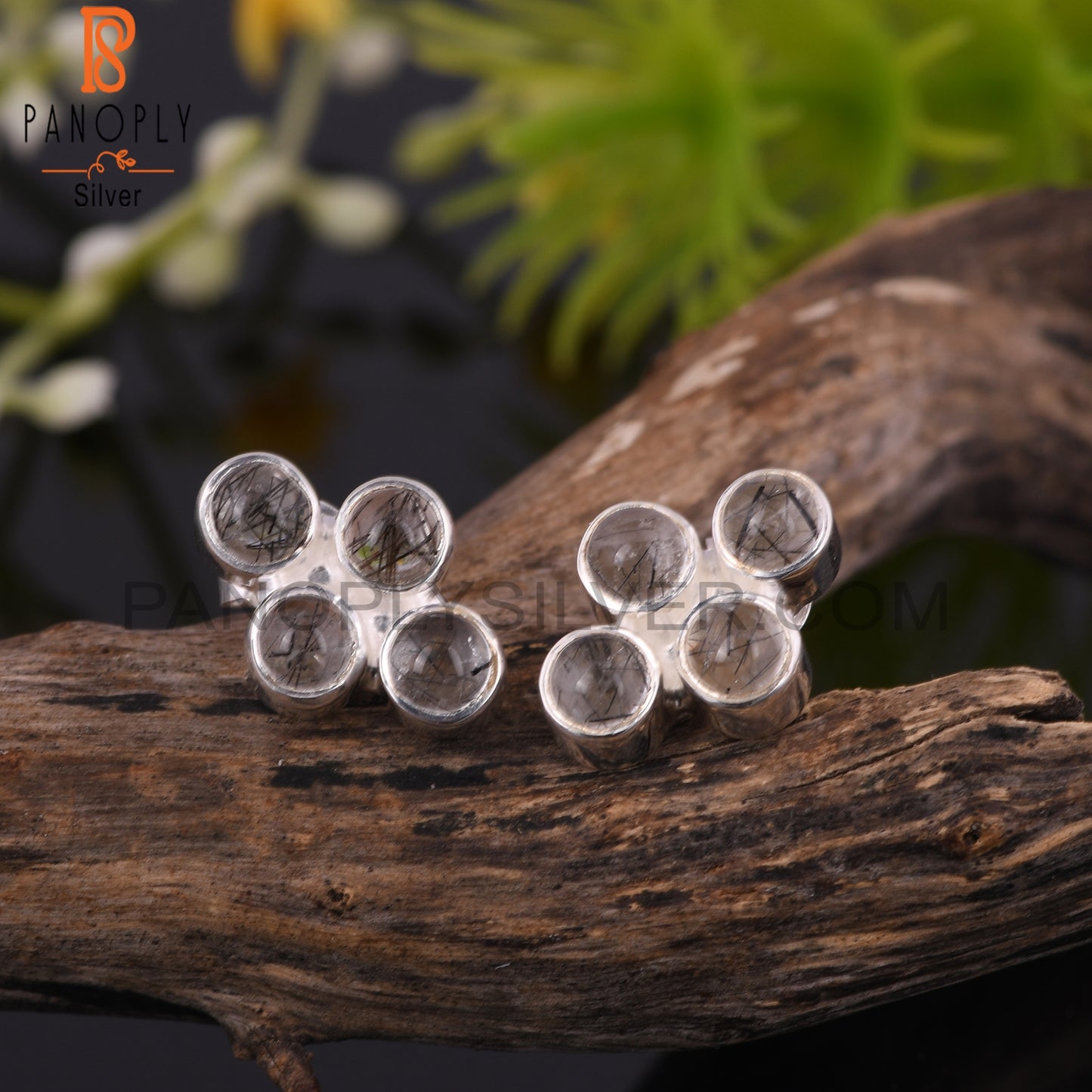 Dainty Black Rutile Round Shape 925 Sterling Silver Earrings